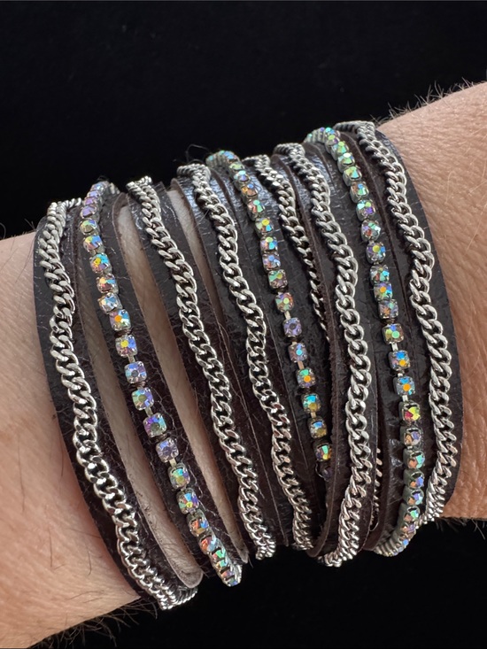 Jewelry - Unbranded Multi-Layer Leather Wrap Bracelet with Chain & Iridescent Crystals